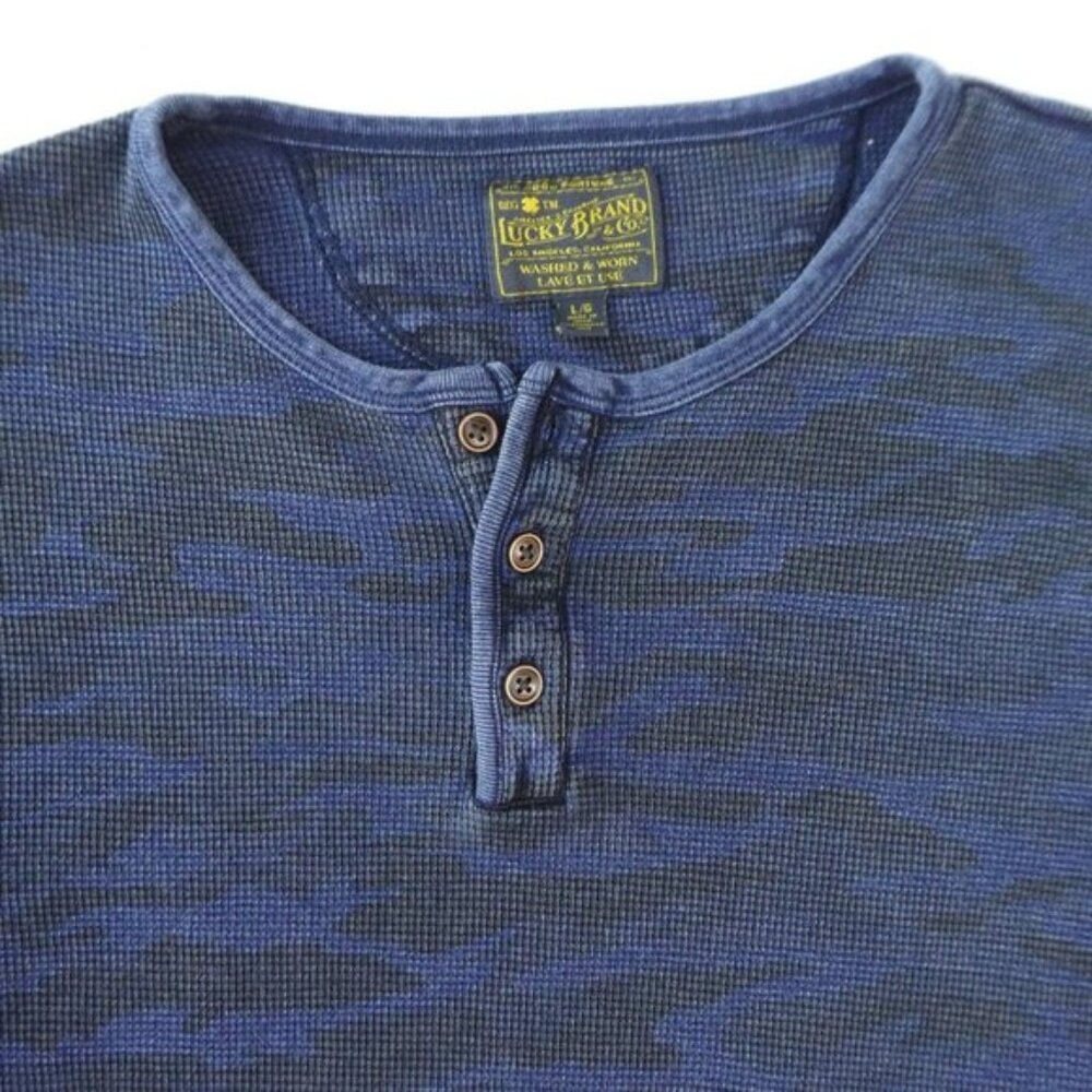 Lucky Brand Men's Thermal Henley Pullover Shirt Blue Camo Long Sleeve Cotton L